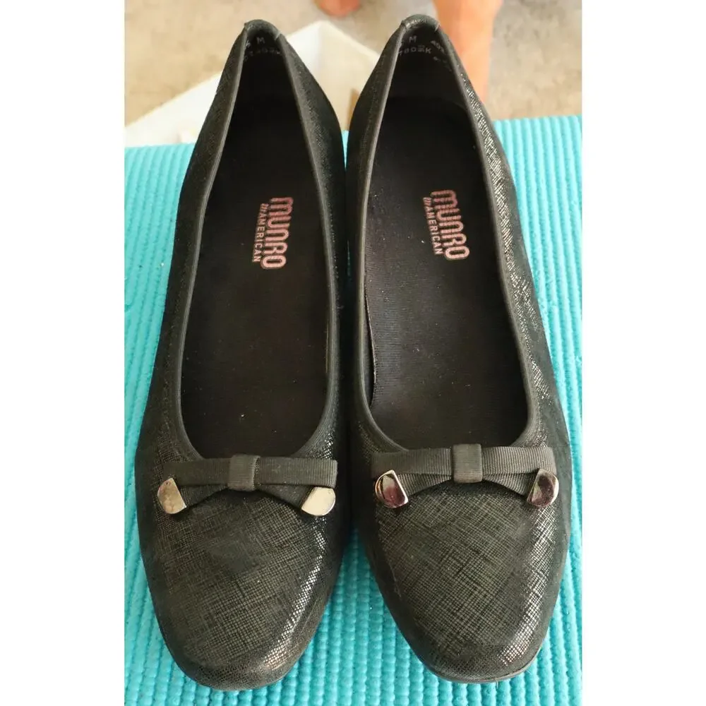 Munro Randa Black Leather Crosshatch Bow Wedge Pump Round Comfort Work 9.5